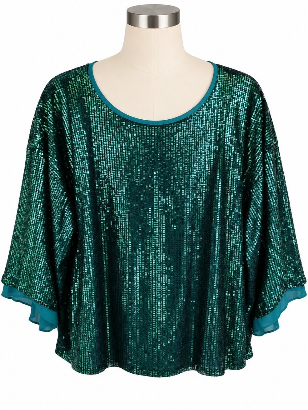 OTT Green Sequin Top XL Blouse Emerald Holiday Party Sparkle Shiny 3/4 Sleeve